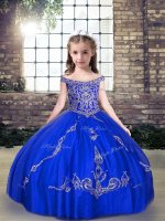 Excellent Floor Length Royal Blue Little Girls Pageant Gowns Tulle Sleeveless Beading