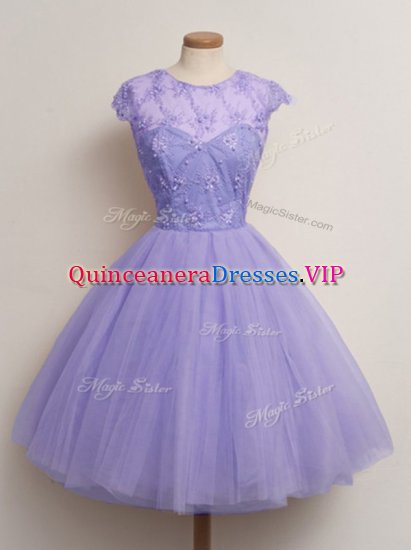 Cap Sleeves Tulle Knee Length Lace Up Dama Dress for Quinceanera in Lavender with Lace - Click Image to Close