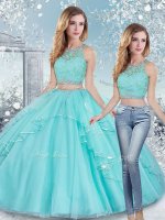 Latest Aqua Blue Sleeveless Floor Length Beading and Lace and Sashes ribbons Clasp Handle 15th Birthday Dress