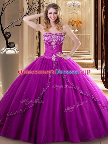 Tulle Sweetheart Sleeveless Lace Up Embroidery Sweet 16 Quinceanera Dress in Fuchsia - Click Image to Close