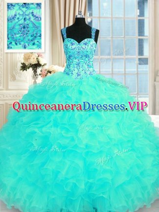 Aqua Blue Sleeveless Floor Length Embroidery and Ruffles Lace Up Sweet 16 Dresses