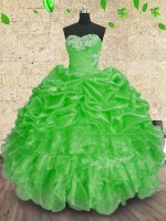 Designer Green Ball Gowns Beading and Appliques and Ruffles and Ruching Ball Gown Prom Dress Lace Up Organza Sleeveless Floor Length