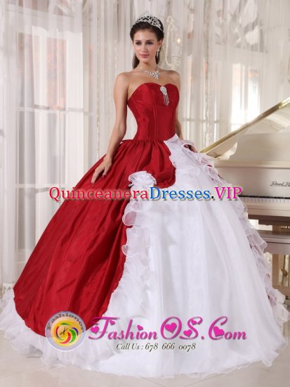 Wine Red and White Ball Gown Quinceanera Dress For Minden Germany Hand Made Flowers and Beading Brooch with Sweetheart Organza and Taffeta - Click Image to Close