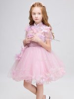 High-neck Short Sleeves Tulle Pageant Gowns For Girls Appliques Zipper(SKU YCLD062BIZ)