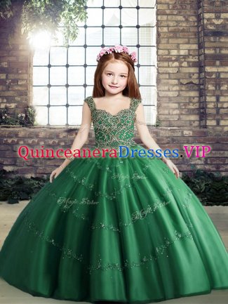 Floor Length Dark Green Kids Pageant Dress Straps Sleeveless Lace Up