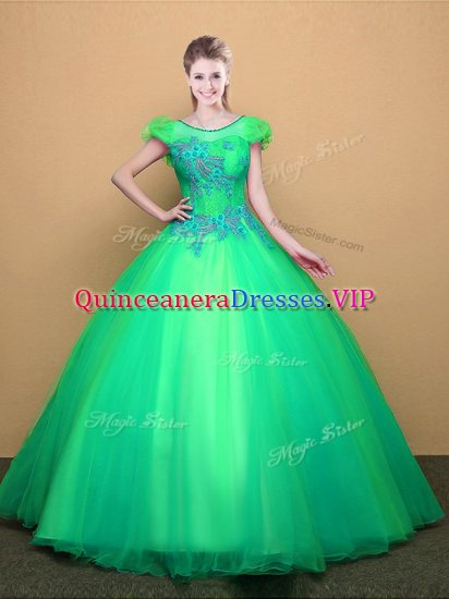 Turquoise Quinceanera Gowns Military Ball and Sweet 16 and Quinceanera with Appliques Scoop Short Sleeves Lace Up - Click Image to Close