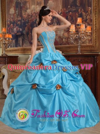 Gold Flower Decorate With Strapless Sky Blue Quinceanera Dress In West Fargo North Dakota/ND