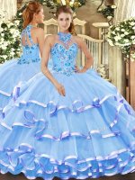 Attractive Halter Top Sleeveless Lace Up Quince Ball Gowns Baby Blue Organza