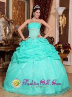 Titusville Florida/FL Stylish Turquoise Organza Quinceanera Dress With Strapless Appliques And Ruffles Decorate(SKU QDZY646-GBIZ)