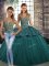 Straps Sleeveless Quinceanera Gown Floor Length Beading and Appliques Green Tulle