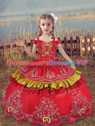 Dazzling Floor Length Red Little Girl Pageant Dress Satin Sleeveless Beading and Embroidery