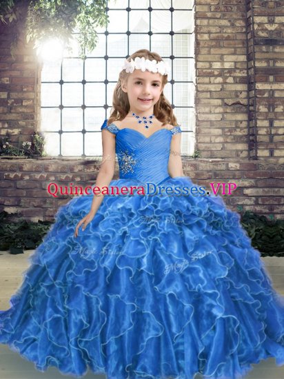 Blue Straps Neckline Beading and Ruffles Custom Made Pageant Dress Sleeveless Lace Up - Click Image to Close