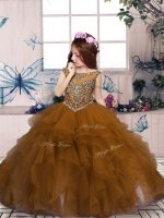 Brown Lace Up Scoop Beading and Ruffles Pageant Gowns For Girls Organza Sleeveless