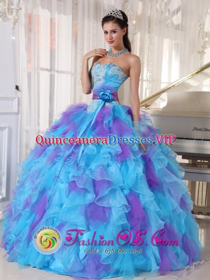 Harleysville Pennsylvania/PA Baby Blue and Purple Appliques Decorate Up Bodice Ruffles Hand Made Flower For Quinceanera Dress - Click Image to Close