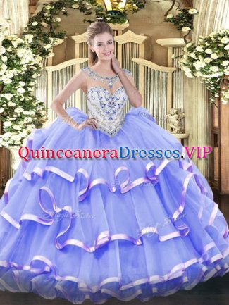 Lavender Zipper Scoop Beading and Ruffled Layers Quinceanera Gown Organza Sleeveless