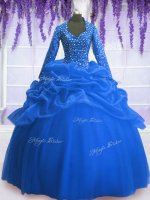 Blue Organza Zipper 15th Birthday Dress Long Sleeves Floor Length Sequins and Pick Ups