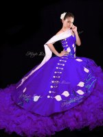 Chic Sweetheart Sleeveless Quince Ball Gowns Brush Train Embroidery and Ruffles Purple Organza