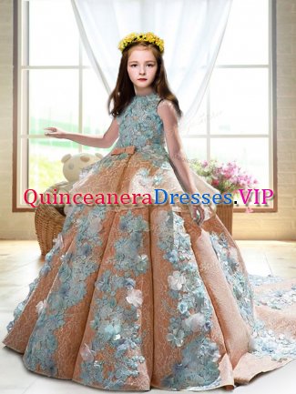 Cheap Peach Backless Pageant Gowns For Girls Appliques Sleeveless Court Train