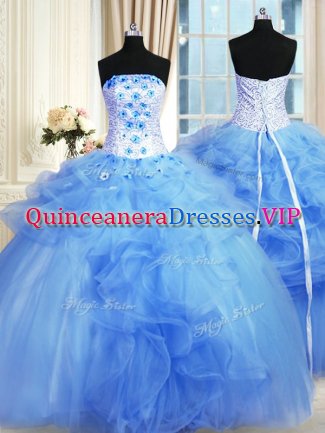 Blue Strapless Lace Up Pick Ups and Hand Made Flower Casual Dresses Sleeveless