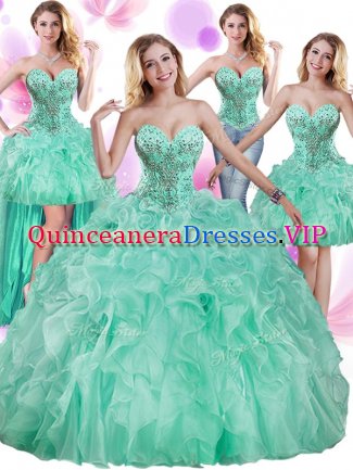 Trendy Four Piece Apple Green Sweetheart Lace Up Beading and Ruffles Ball Gown Prom Dress Sleeveless