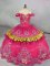 New Arrival Hot Pink Off The Shoulder Lace Up Embroidery Ball Gown Prom Dress Sleeveless