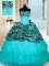 Extravagant Aqua Blue Organza and Printed Lace Up Strapless Sleeveless Sweet 16 Dresses Sweep Train Beading and Ruffled Layers