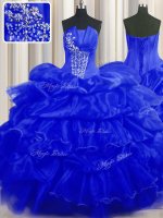 Dazzling Royal Blue Ball Gowns Organza Strapless Sleeveless Beading and Ruffles and Pick Ups Floor Length Lace Up Quinceanera Dress