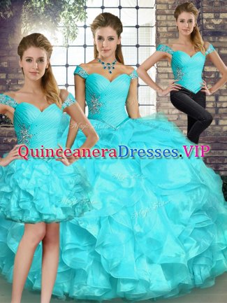 Aqua Blue Off The Shoulder Lace Up Beading and Ruffles Quinceanera Gowns Sleeveless