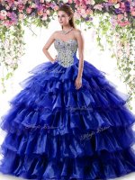 Royal Blue Organza Lace Up Quinceanera Dresses Sleeveless Floor Length Beading and Ruffled Layers