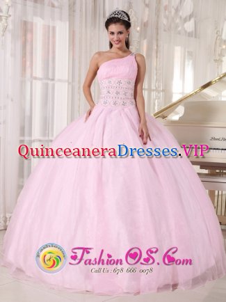 Luxurious Baby Pink One Shoulder Peoria AZ Quinceanera Dress Beading Floor Length Tulle For Sweet 16