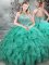 Scoop Sleeveless Sweet 16 Dresses Brush Train Beading and Ruffles Turquoise Organza