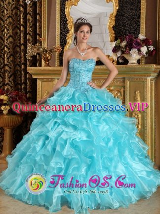 Bayaguana Dominican Republic Sweet Aqua Blue Quinceanera Dress With Beaded Bodice and Ruffles Layered Organza Skirt