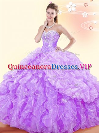 Artistic Lavender Organza Lace Up Ball Gown Prom Dress Sleeveless Floor Length Beading and Ruffles and Pick Ups