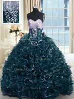 Graceful Teal Sleeveless Brush Train Beading and Ruffles With Train Sweet 16 Dresses