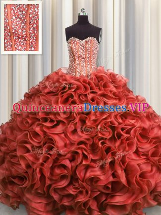 Visible Boning Ball Gowns 15th Birthday Dress Rust Red Sweetheart Organza Sleeveless Floor Length Lace Up