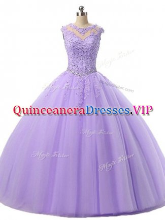 Floor Length Lavender Vestidos de Quinceanera Tulle Sleeveless Beading and Lace