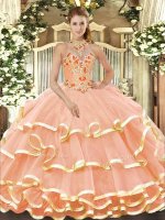 Captivating Peach Ball Gowns Beading and Embroidery Quinceanera Gowns Lace Up Organza Sleeveless Floor Length