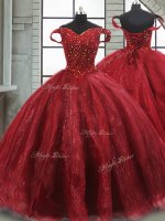 Exceptional Wine Red Lace Up Quinceanera Gowns Beading Sleeveless Brush Train