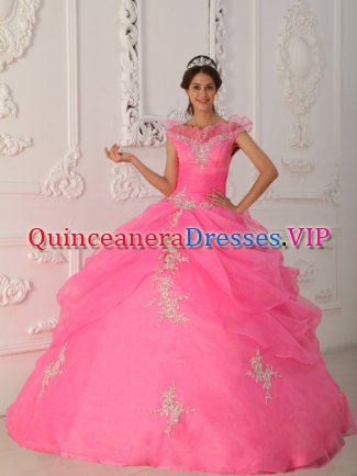 Lewiston Idaho/ID For Prescott Valley V-neck Taffeta and Organza Appliques With Beading Decorate Bodice Latest Rose Pink Quinceanera Dress