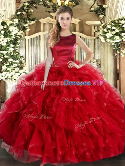 Charming Floor Length Red Quinceanera Gown Tulle Sleeveless Ruffles - Click Image to Close