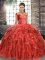 Modest Beading and Ruffles Vestidos de Quinceanera Coral Red Lace Up Sleeveless Brush Train