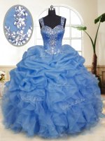 Fancy Pick Ups Floor Length Blue Quince Ball Gowns Straps Sleeveless Zipper