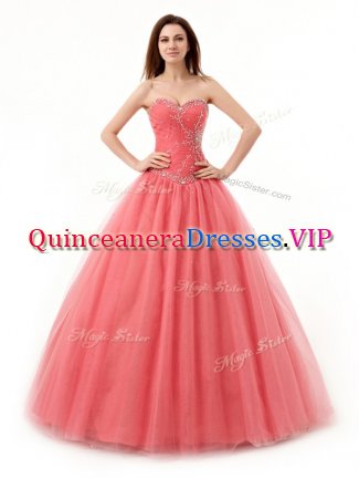 Super Sleeveless Floor Length Beading and Ruching Lace Up 15th Birthday Dress with Watermelon Red