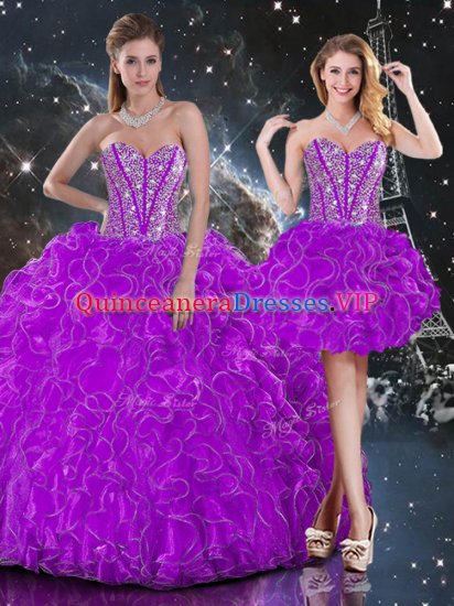 Purple Organza Lace Up Quince Ball Gowns Sleeveless Floor Length Beading and Ruffles - Click Image to Close