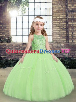 Floor Length Yellow Green Pageant Gowns Tulle Sleeveless Beading