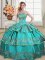 Aqua Blue Ball Gowns Sweetheart Sleeveless Satin and Organza Floor Length Lace Up Embroidery and Ruffled Layers Quinceanera Dresses