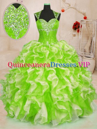 Floor Length Lace Up 15th Birthday Dress Multi-color for Military Ball and Sweet 16 and Quinceanera with Beading and Ruffles