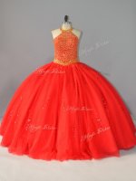 Fine Floor Length Red Sweet 16 Dresses Tulle Sleeveless Beading