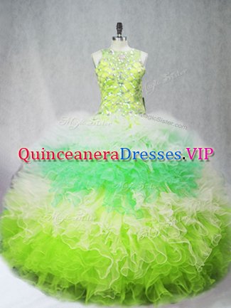 Glamorous Tulle Sleeveless Floor Length Ball Gown Prom Dress and Beading and Ruffles