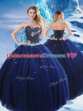 Amazing Floor Length Lace Up Quinceanera Dresses Navy Blue for Military Ball and Sweet 16 and Quinceanera with Beading